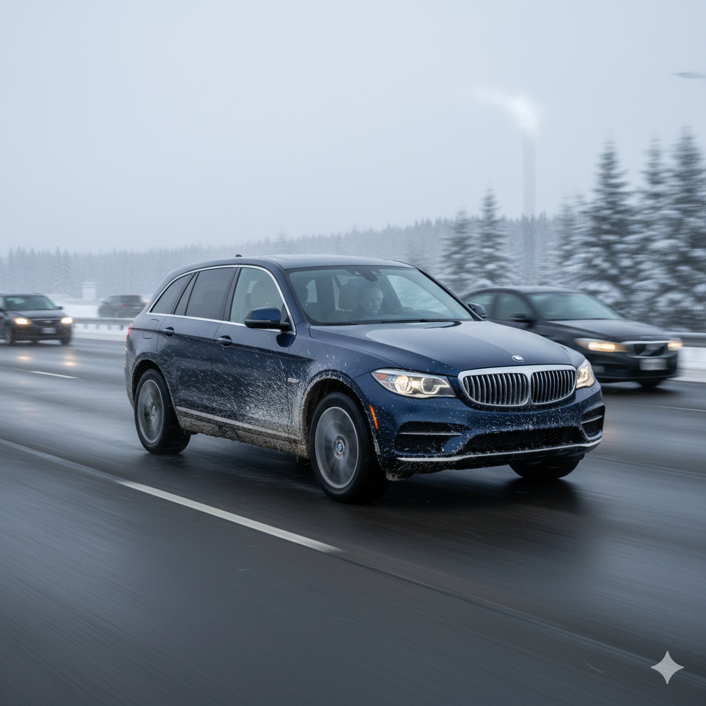 冬の高速道路を走る車。下回りやボディに白い塩分が付着している様子が分かり、少し危険な雰囲気が漂う。