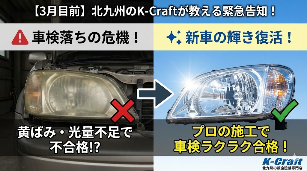 【車検前の方必見】3月目前！ヘッドライトの「黄ばみ・くすみ」で車検に落ちる！？北九州のK-Craftで新車の輝きを復活