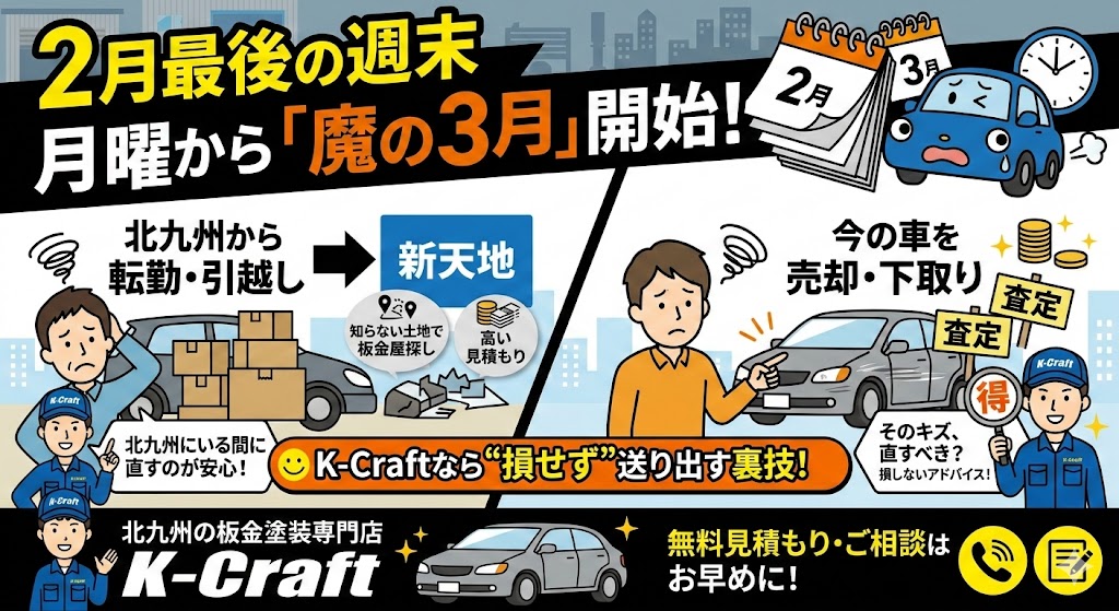 【2月最後の週末】月曜から「魔の3月」開始！転勤・引越し・売却前に、北九州のK-Craftで愛車を“損せず”送り出す裏技