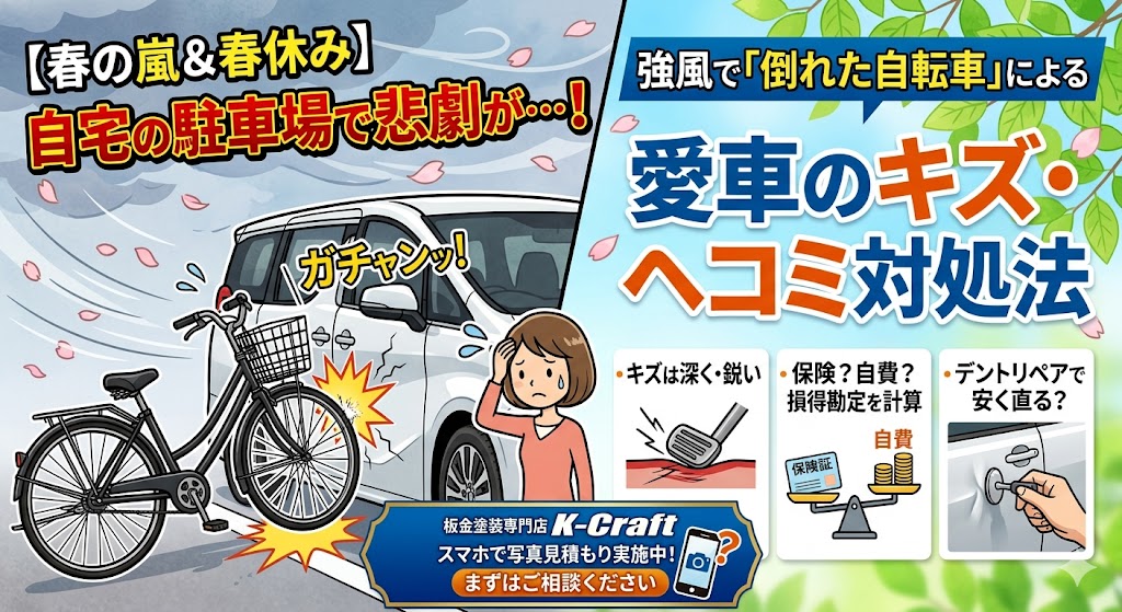 【春の嵐＆春休み】自宅の駐車場で悲劇が…！強風で「倒れた自転車」による愛車のキズ・ヘコミ対処法
