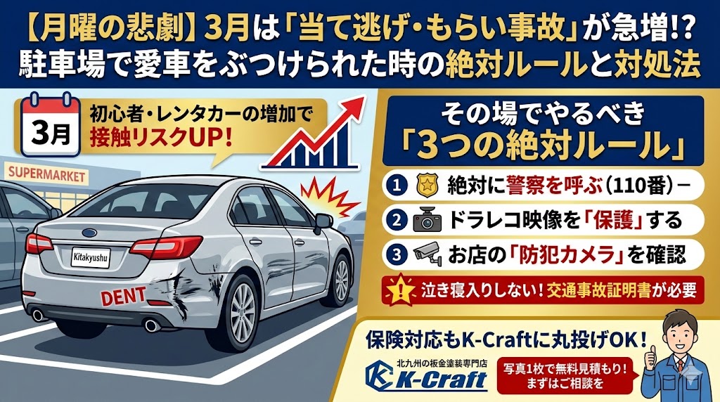【月曜の悲劇】3月は「当て逃げ・もらい事故」が急増！？駐車場で愛車をぶつけられた時の絶対ルールと対処法